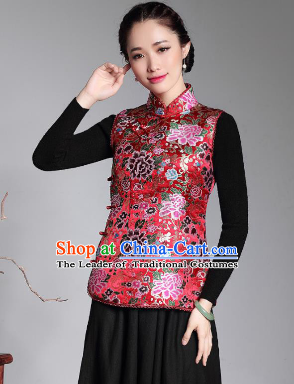 Traditional Chinese National Costume Plated Buttons Red Vest, China Tang Suit Chirpaur Upper Outer Garment Top Grade Brocade Waistcoat for Women