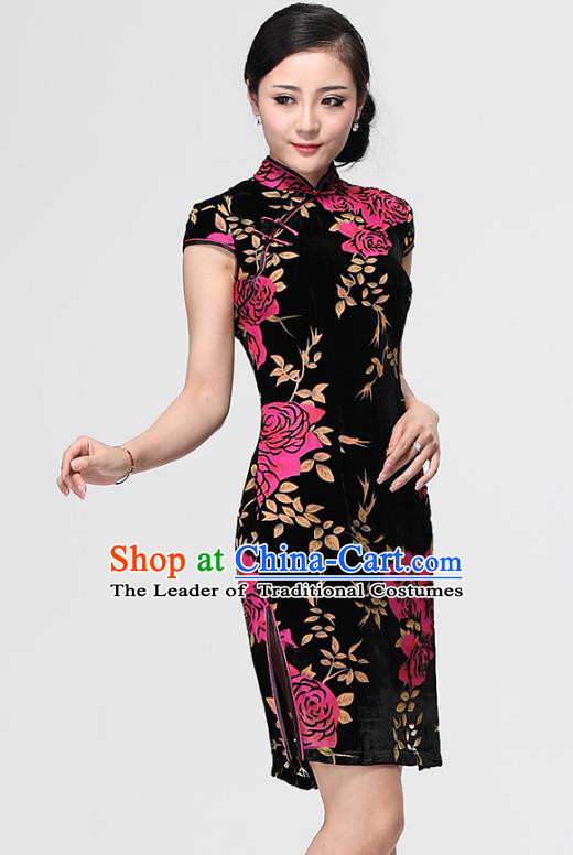 Traditional Chinese National Costume Plated Buttons Qipao, China Tang Suit Chirpaur Top Grade Velvet Cheongsam for Women