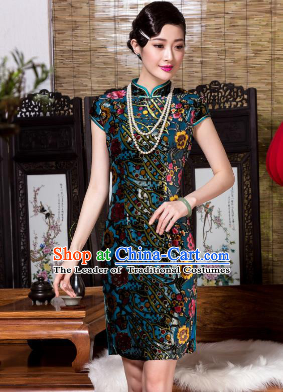 Traditional Chinese National Costume Plated Buttons Qipao, China Tang Suit Chirpaur Top Grade Green Velvet Cheongsam for Women
