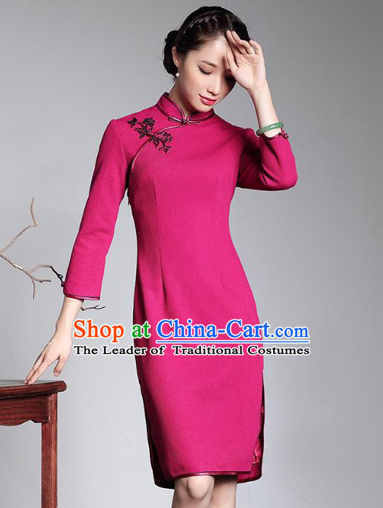 Traditional Chinese National Costume Qipao Rosy Wool Dress, Top Grade Tang Suit Stand Collar Cheongsam for Women