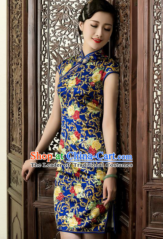 Traditional Ancient Chinese Young Lady Blue Silk Cheongsam, Republic of China Stand Collar Qipao Tang Suit Dress for Women