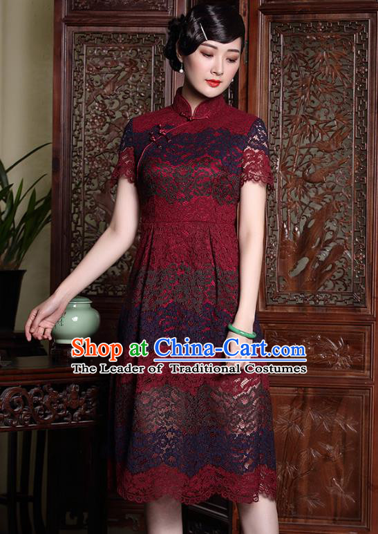 Traditional Chinese National Costume Red Lace Qipao Dress, Top Grade Tang Suit Stand Collar Cheongsam for Women