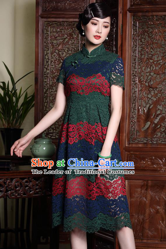 Traditional Chinese National Costume Green Lace Qipao Dress, Top Grade Tang Suit Stand Collar Cheongsam for Women