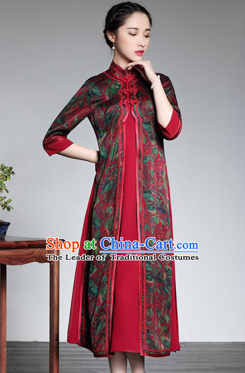 Traditional Ancient Chinese Young Lady Red Silk Printing Two-piece Cheongsam, Republic of China Stand Collar Qipao Tang Suit Dress for Women
