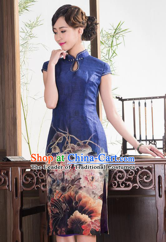 Traditional Ancient Chinese Young Lady Blue Printing Wedding Cheongsam, Republic of China Qipao Tang Suit Dress for Women