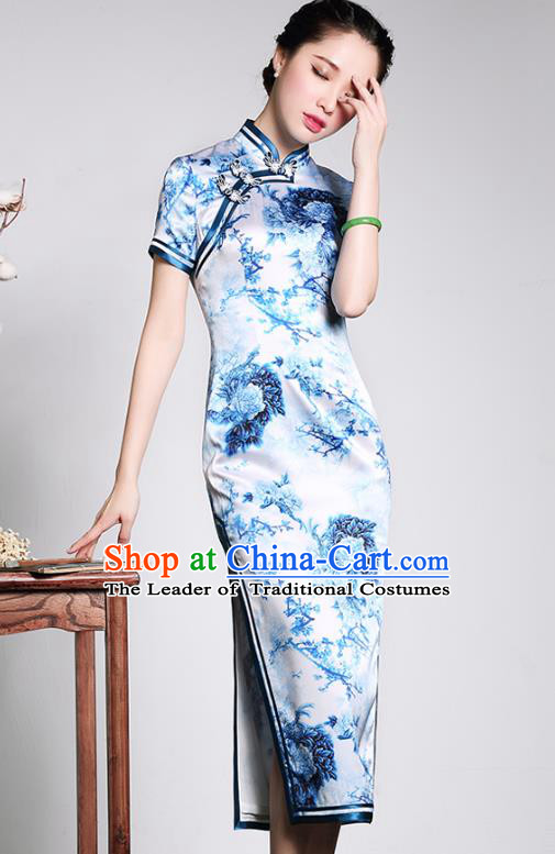 Traditional Ancient Chinese Young Lady Blue and White Porcelain Silk Cheongsam, Republic of China Qipao Tang Suit Dress for Women