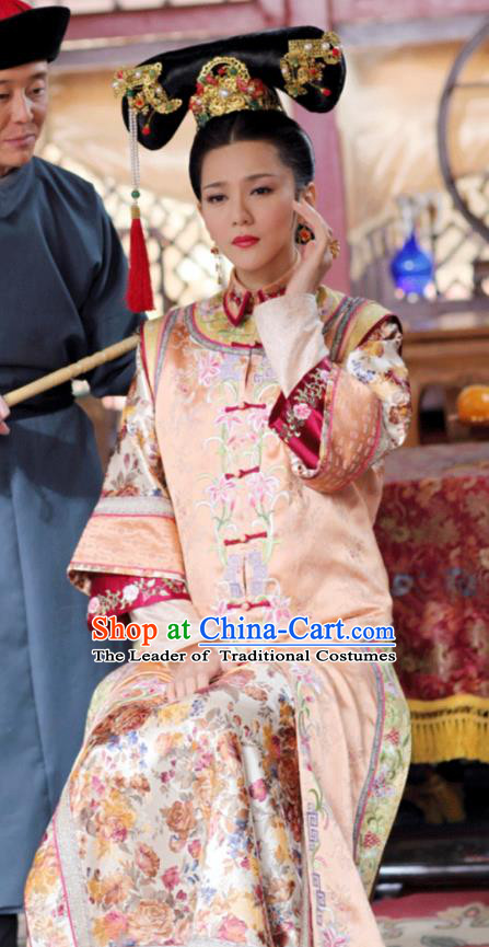 Asian China Qing Dynasty Imperial Empress Costume, Traditional Chinese Ancient Manchu Palace Lady Embroidered Clothing for Women