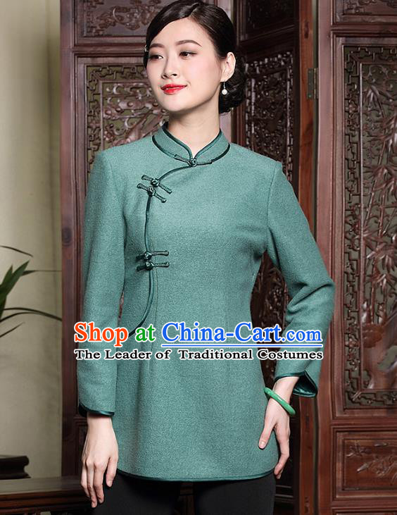 Traditional Ancient Chinese Young Lady Plated Buttons Green Cheongsam Blouse, Asian Republic of China Qipao Dress Tang Suit Shirts for Women