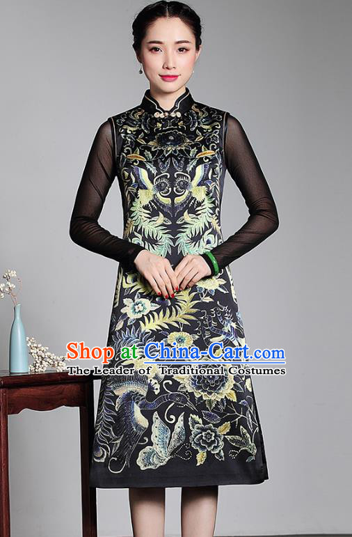 Asian Republic of China Top Grade Plated Buttons Silk Printing Cheongsam, Traditional Chinese Tang Suit Qipao Dress for Women