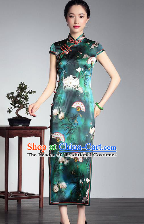 Top Grade Asian Republic of China Plated Buttons Green Silk Cheongsam, Traditional Chinese Tang Suit Printing Qipao Dress for Women