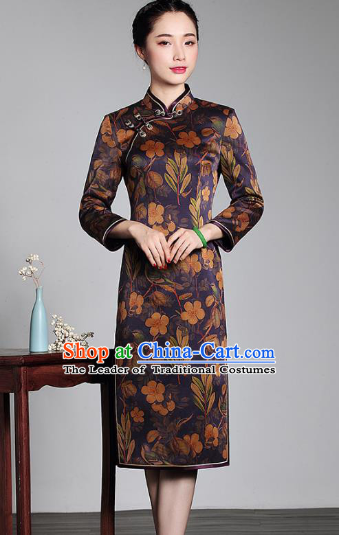 Top Grade Asian Republic of China Plated Buttons Silk Cheongsam Robe, Traditional Chinese Tang Suit Printing Qipao Dress for Women