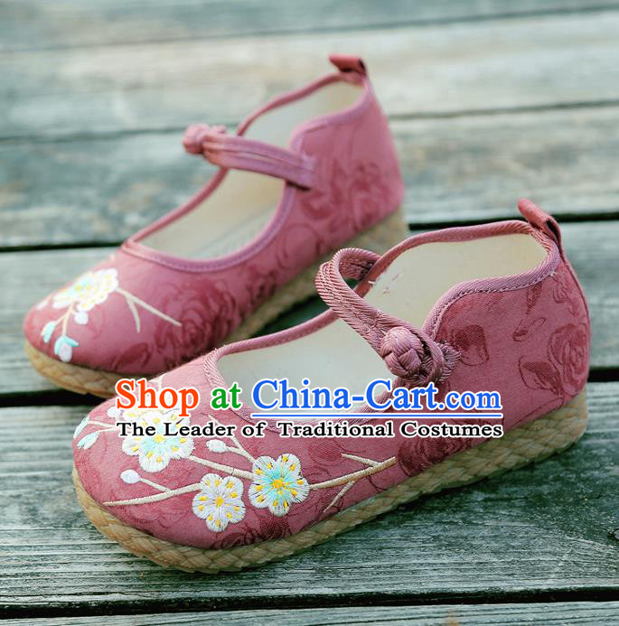 Traditional Chinese National Embroidered Shoes Red Linen Shoes, China Handmade Hanfu Embroidery Wintersweet Shoes for Kids