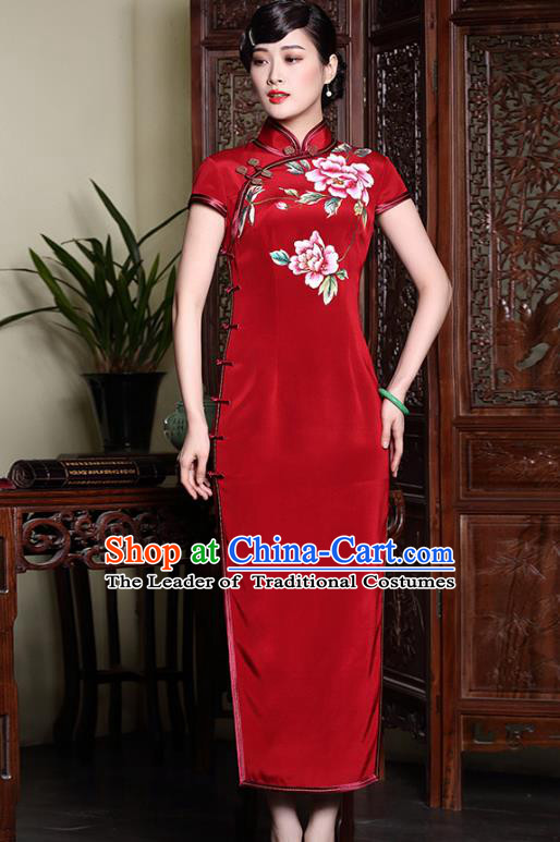 Asian Republic of China Top Grade Satin Plated Buttons Printing Peony Red Cheongsam, Traditional Chinese Tang Suit Qipao Dress for Women