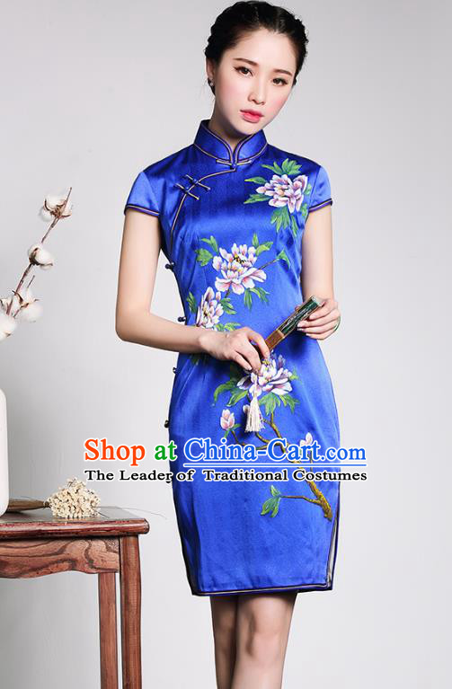 Asian Republic of China Top Grade Plated Buttons Painting Peony Blue Silk Cheongsam, Traditional Chinese Tang Suit Qipao Dress for Women