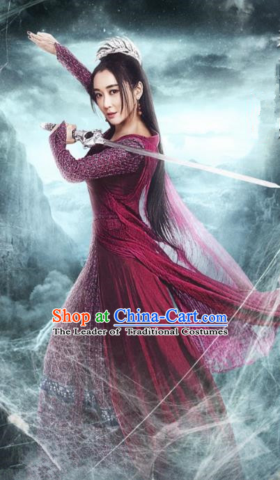 Asian China Tang Dynasty Chivalrous Lady Kawaler Costume, Traditional Chinese Ancient Swordswoman Embroidered Hanfu Clothing and Headpiece Complete Set