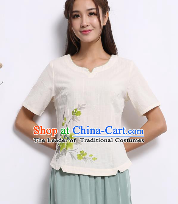 Asian China Hand Painting White Linen Cheongsam Blouse, Traditional Chinese Tang Suit Hanfu Plated Button Shirts for Women