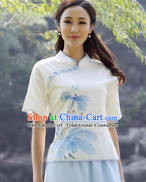 Asian China Top Grade Linen Hand Painting White Cheongsam Blouse, Traditional Chinese Tang Suit Hanfu Plated Button Qipao Shirts for Women