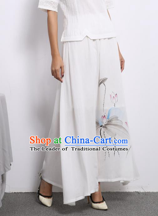 Asian China Hand Painting Lotus White Linen Bust Skirt, Traditional Chinese Tang Suit Hanfu Skirts for Women
