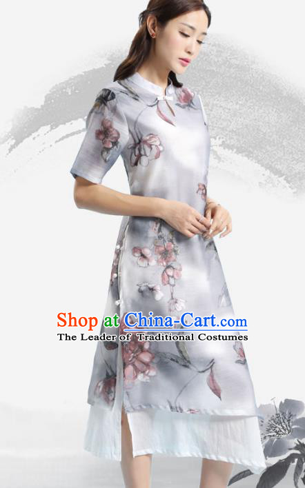Asian China Top Grade Silk Printing Cheongsam Dress, Traditional Chinese Tang Suit Hanfu Plated Button Qipao for Women