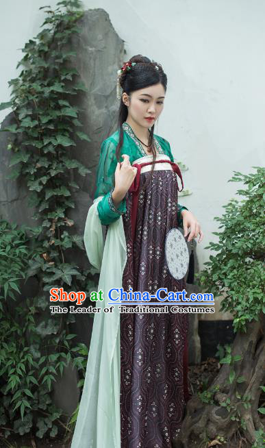 Asian China Tang Dynasty Princess Costume Complete Set, Traditional Chinese Ancient Palace Lady Hanfu Purple Silp Skirt Clothing for Women