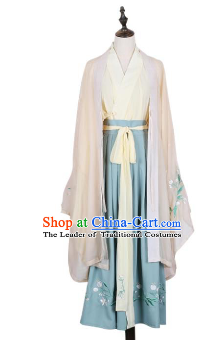Asian China Jin Dynasty Princess Costume Embroidered Cardigan Complete Set, Traditional Ancient Chinese Palace Lady Embroidery Clothing for Women