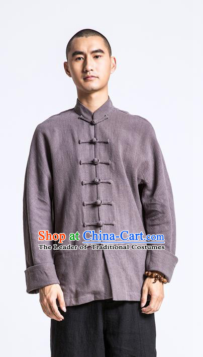 Asian China National Costume Deep Grey Linen Shirts, Traditional Chinese Tang Suit Plated Buttons Upper Outer Garment Clothing for Men