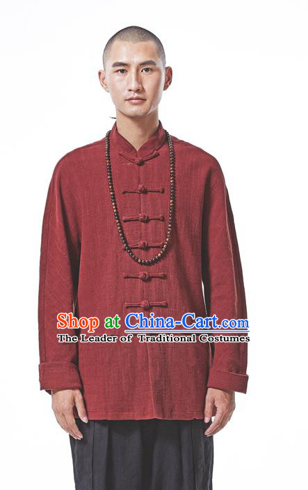Asian China National Costume Red Linen Shirts, Traditional Chinese Tang Suit Plated Buttons Upper Outer Garment Clothing for Men