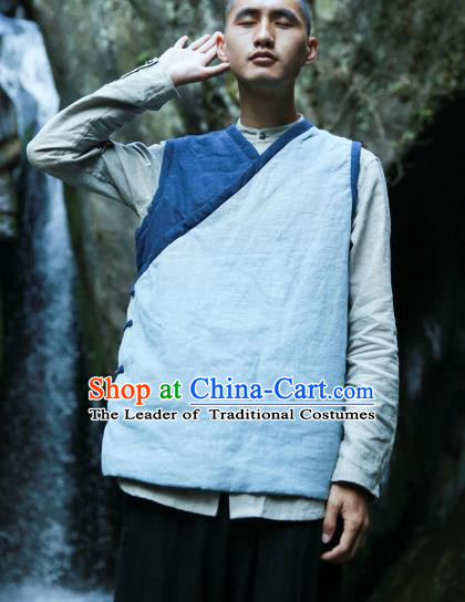 Asian China National Costume Cotton-padded Vest, Traditional Chinese Tang Suit Plated Buttons Waistcoat Clothing for Men