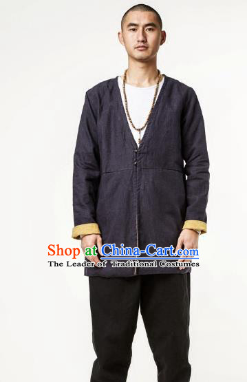 Asian China National Costume Linen Coat, Traditional Chinese Tang Suit Brass Button Coat Clothing for Men