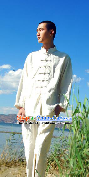 Asian China National Costume White Linen Stand Collar Shirts, Traditional Chinese Tang Suit Plated Buttons Upper Outer Garment Clothing for Men