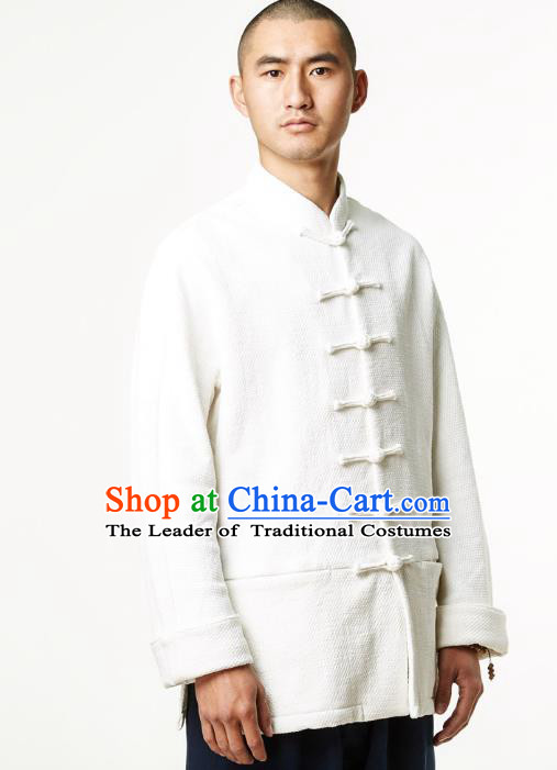 Asian China National White Linen Costume Martial Arts Kung Fu Shirts, Traditional Chinese Tang Suit Upper Outer Garment Clothing for Men