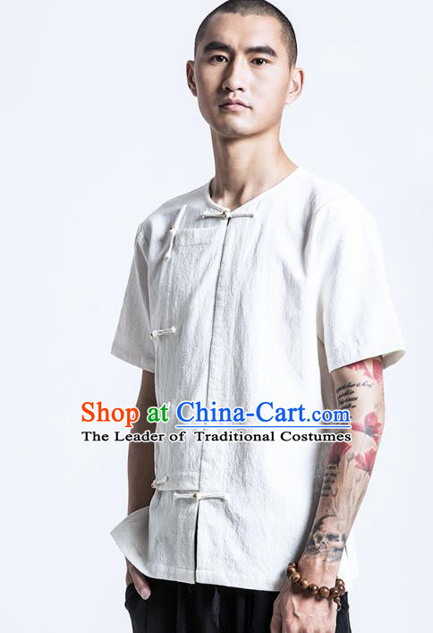 Asian China National Costume Short Sleeve Linen Shirts, Traditional Chinese Tang Suit Plated Buttons Upper Outer Garment Clothing for Men