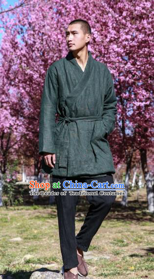 Asian China National Costume Green Linen Cotton-padded Robe, Traditional Chinese Tang Suit Slant Opening Coat Clothing for Men