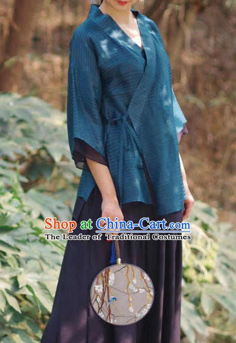 Asian China National Costume Slant Opening Blue Silk Hanfu Qipao Shirts, Traditional Chinese Tang Suit Cheongsam Blouse Clothing for Women