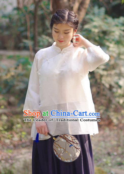 Asian China National Costume Slant Opening White Silk Hanfu Qipao Shirts, Traditional Chinese Tang Suit Cheongsam Blouse Clothing for Women