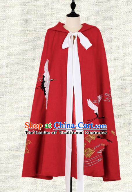 Asian China Ming Dynasty Swordsman Embroidered Crane Red Cape, Traditional Ancient Chinese Palace Lady Elegant Hanfu Mantle for Women