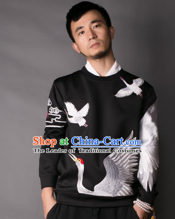 Asian China National Costume Embroidered Crane Black Sweater, Traditional Chinese Tang Suit Hoodie Clothing for Men