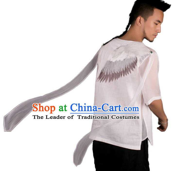 Asian China National Costume Embroidered Crane White Linen Shirt, Traditional Chinese Tang Suit Underwear Clothing for Men