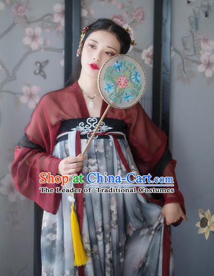 Asian China Tang Dynasty Young Lady Printing Slip Skirt Costume Complete Set, Traditional Ancient Chinese Princess Hanfu Clothing for Women