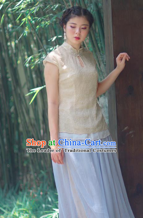 Asian China National Costume Beige Embroidered Hanfu Qipao Shirts Upper Outer Garment, Traditional Chinese Tang Suit Cheongsam Blouse Clothing for Women