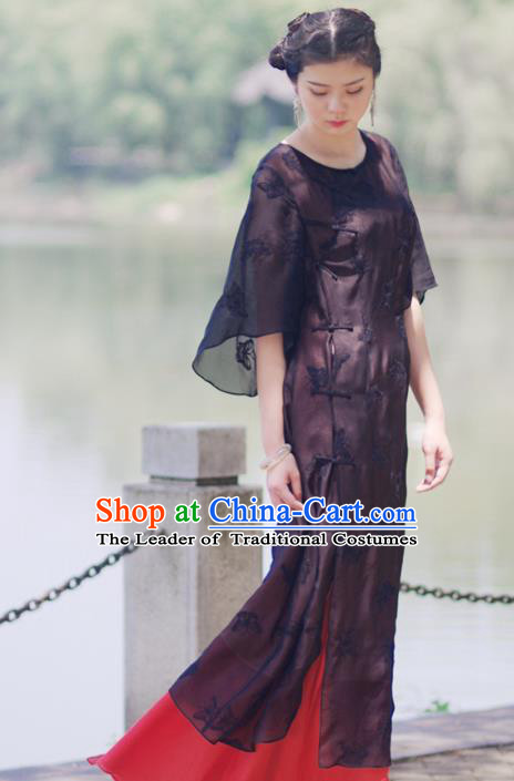 Asian China National Costume Slant Opening Black Silk Hanfu Qipao Dress, Traditional Chinese Tang Suit Plated Buttons Cheongsam Clothing for Women