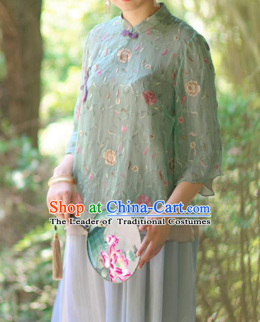 Asian China National Costume Green Silk Hanfu Embroidered Qipao Shirts Upper Outer Garment, Traditional Chinese Tang Suit Cheongsam Blouse Clothing for Women