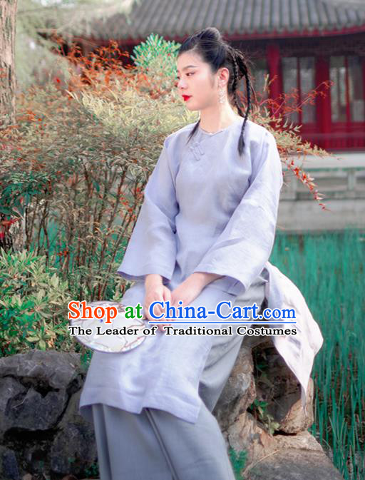 Asian China National Costume Blue Linen Silk Hanfu Qipao Dress, Traditional Chinese Tang Suit Cheongsam Clothing for Women