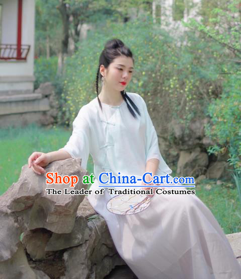 Asian China National Costume Light Blue Silk Hanfu Qipao Shirts Upper Outer Garment, Traditional Chinese Tang Suit Cheongsam Blouse for Women