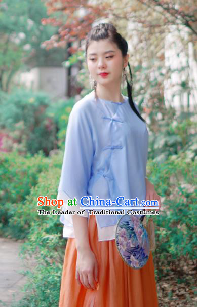 Asian China National Costume Blue Silk Hanfu Qipao Shirts Upper Outer Garment, Traditional Chinese Tang Suit Cheongsam Blouse for Women
