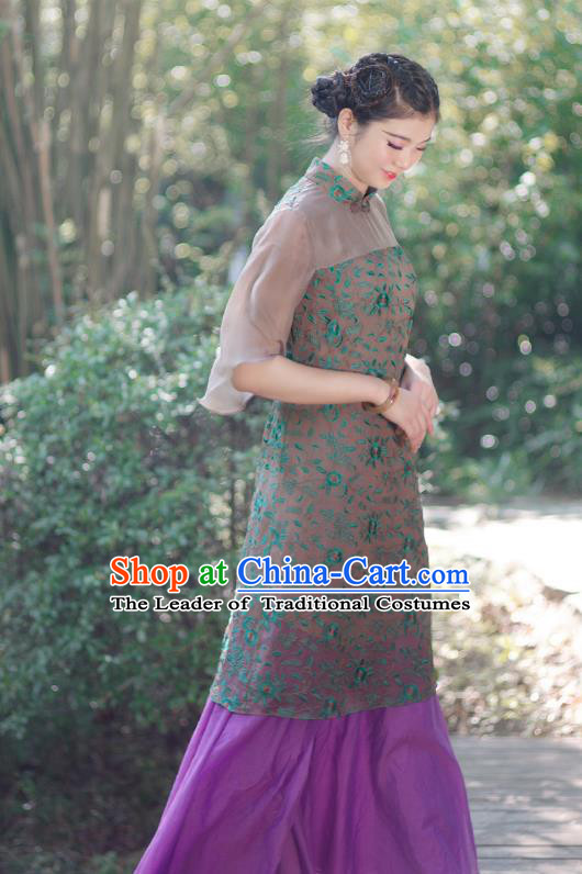 Asian China National Costume Hanfu Printing Silk Qipao Dress, Traditional Chinese Tang Suit Cheongsam Clothing for Women