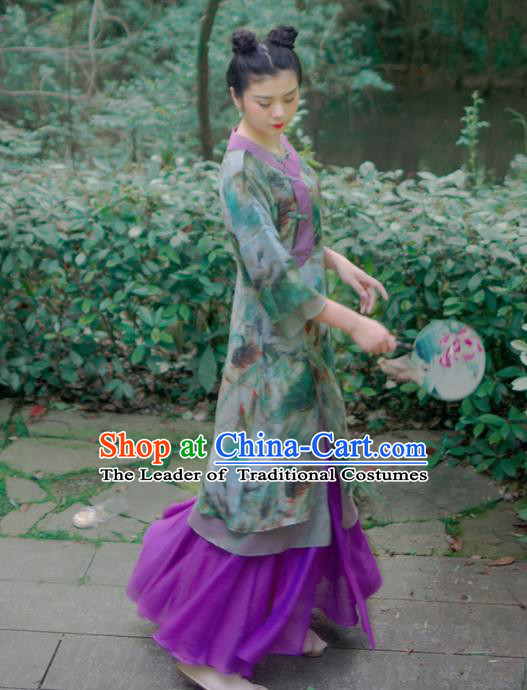 Asian China National Costume Hanfu Plated Buttons Printing Green Silk Qipao Dress, Traditional Chinese Tang Suit Cheongsam Clothing for Women