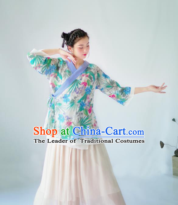 Asian China National Costume Hanfu Slant Opening Printing Green Flowers Silk Qipao Blouse, Traditional Chinese Tang Suit Cheongsam Shirts Clothing for Women