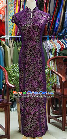 Traditional Ancient Chinese Republic of China Purple Cheongsam, Asian Chinese Chirpaur Printing Silk Qipao Dress Clothing for Women