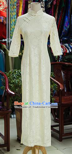 Traditional Ancient Chinese Republic of China White Cheongsam, Asian Chinese Chirpaur Printing Silk Qipao Dress Clothing for Women